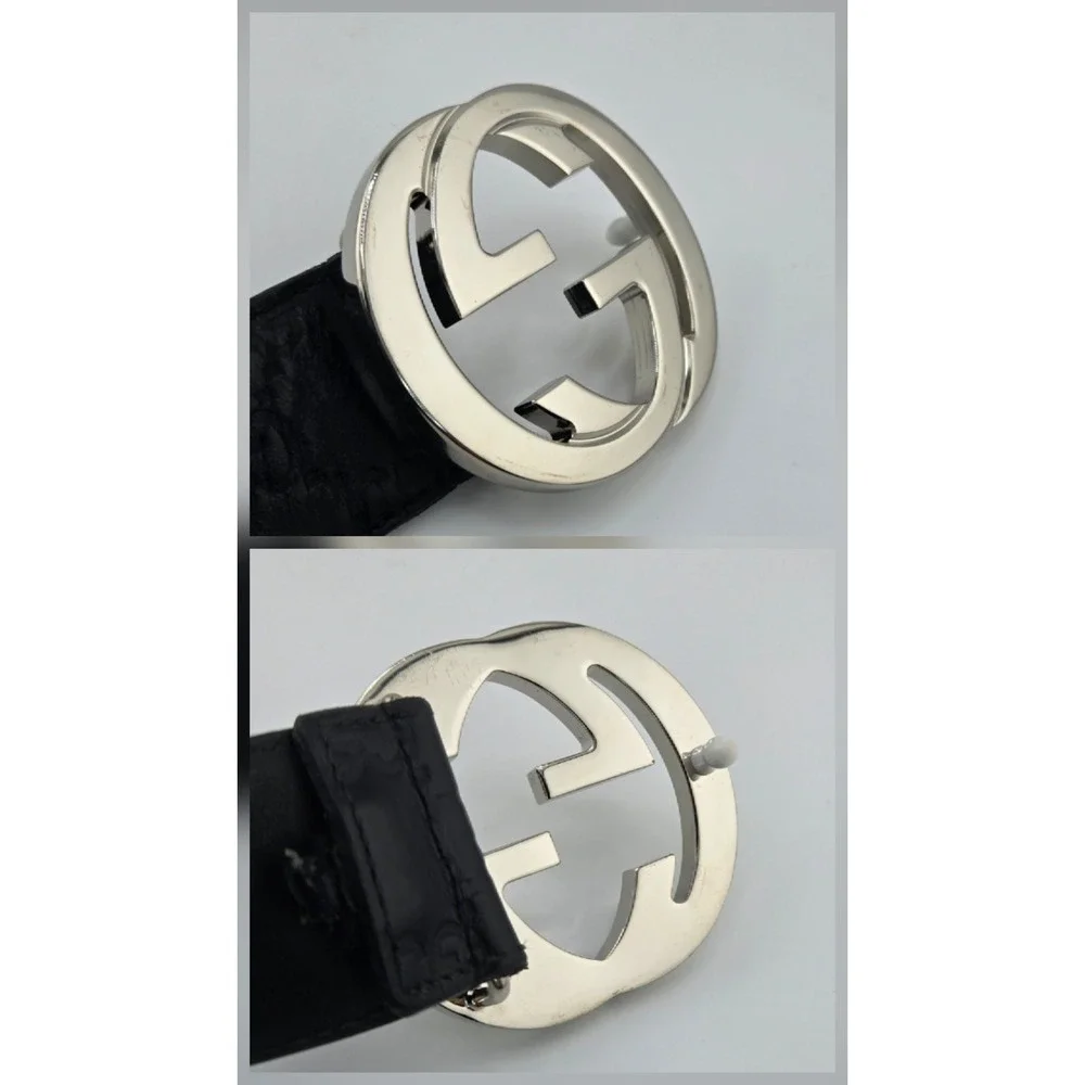 Gucci Signature Leather Belt Black GG Monogram Silver Interlocking G 90-36
